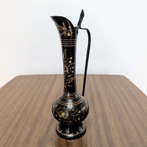 Vintage Black Enameled Etched Gold Tone Brass Pitcher Vase Floral Design